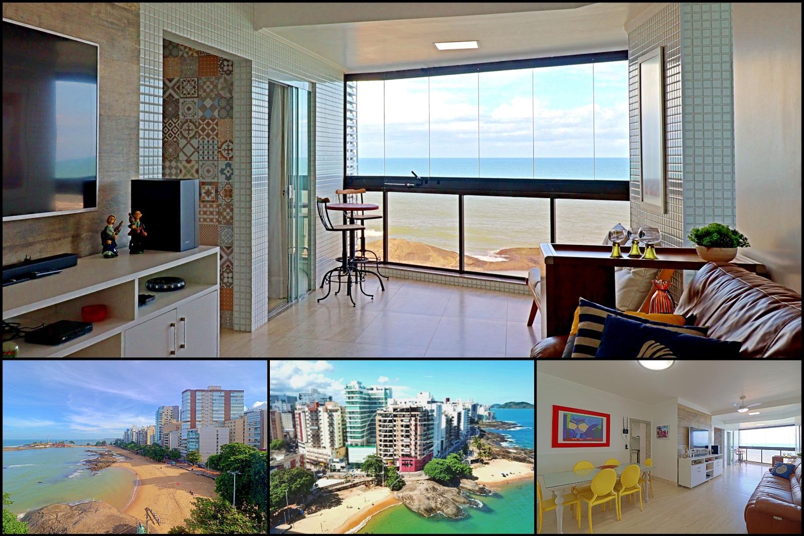 Apartamento de 3 quartos à venda, varanda com vista panorâmica de frente para o mar na Praia das Castanheiras e Namorados no Centro de Guarapari - ES.