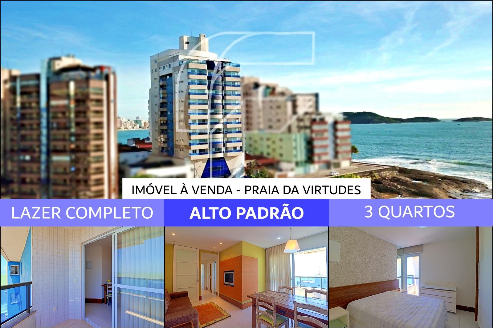 Apartamento 3 quartos, uma suíte à venda, vista panorâmica para o mar, 2 vagas e lazer completo na Praia das Virtudes no Centro de Guarapari - ES